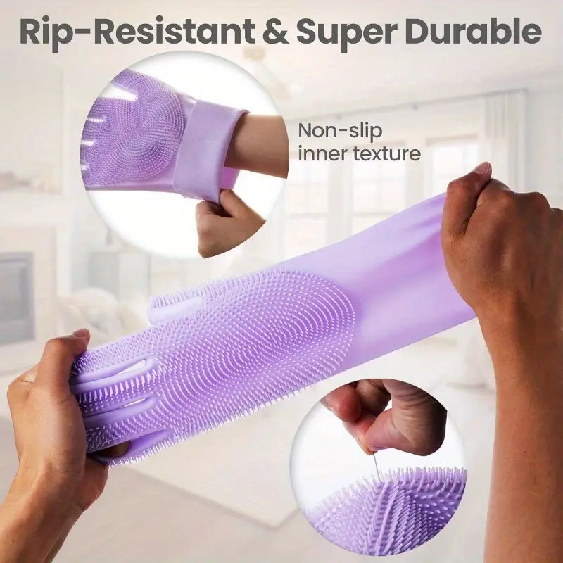 Reusable Magic Silicone Dishwashing Gloves with Built-In Scrubbers
