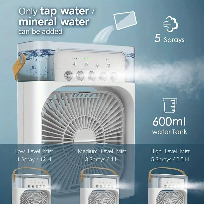 Kompakter 3-in-1-Mini-Luftkühler mit LED-Nachtlichtern, tragbarer Klimaanlage, Ventilator und Luftbefeuchter für den Heim- und Bürogebrauch