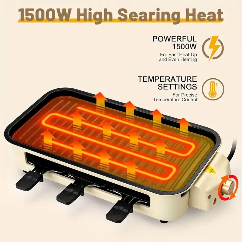 Smokeless Indoor Electric Grill & Griddle – 1500W 2-in-1 Portable Grill with Non-Stick Removable Plates, Adjustable Temperature Control & Raclette Cheese Pans