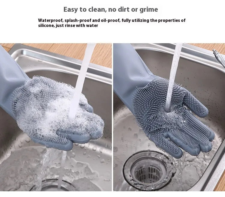 Reusable Magic Silicone Dishwashing Gloves with Built-In Scrubbers