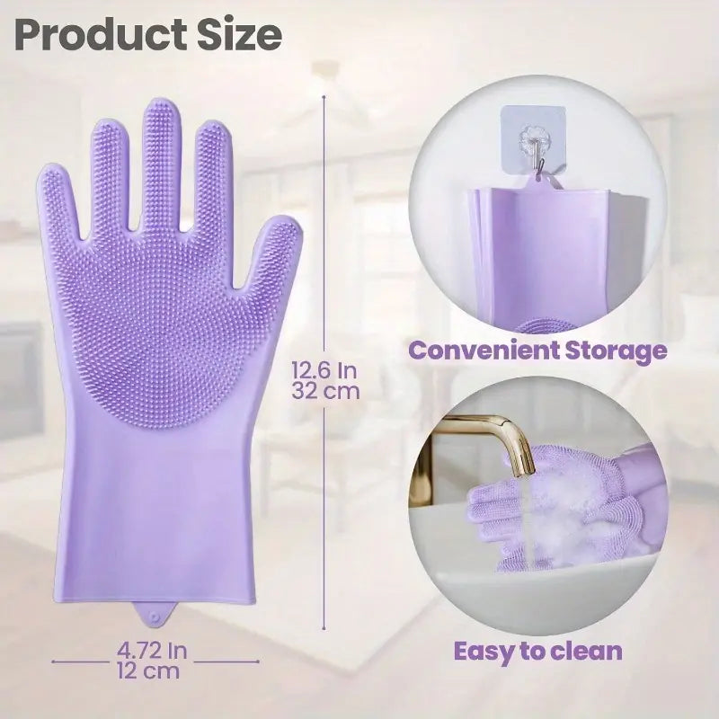 Reusable Magic Silicone Dishwashing Gloves with Built-In Scrubbers