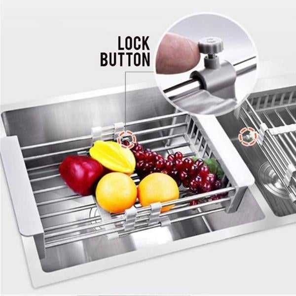 Stainless Steel Retractable Over-the-Sink Dish Drying Rack with Adjustable Armrest & Drain Basket