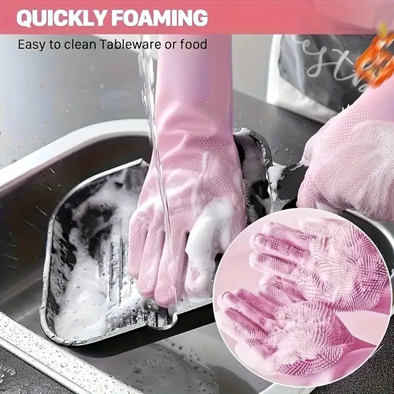 Reusable Magic Silicone Dishwashing Gloves with Built-In Scrubbers