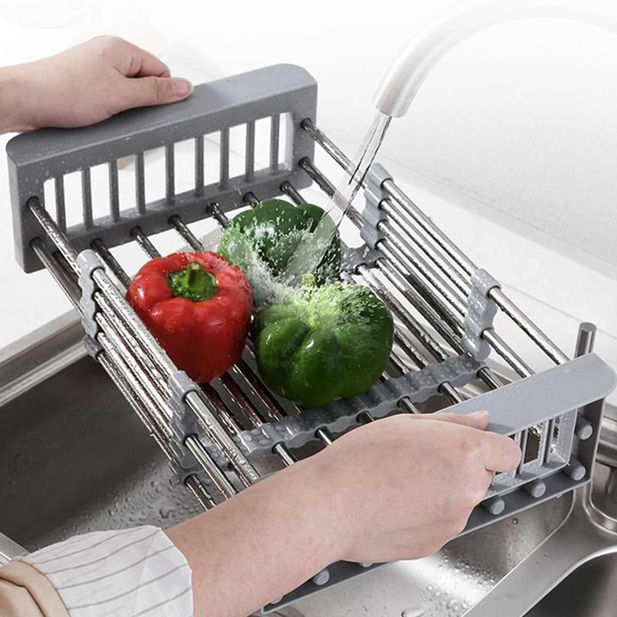 Stainless Steel Retractable Over-the-Sink Dish Drying Rack with Adjustable Armrest & Drain Basket