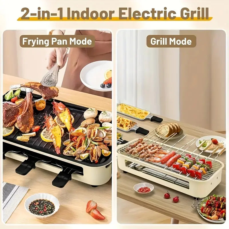 Smokeless Indoor Electric Grill & Griddle – 1500W 2-in-1 Portable Grill with Non-Stick Removable Plates, Adjustable Temperature Control & Raclette Cheese Pans