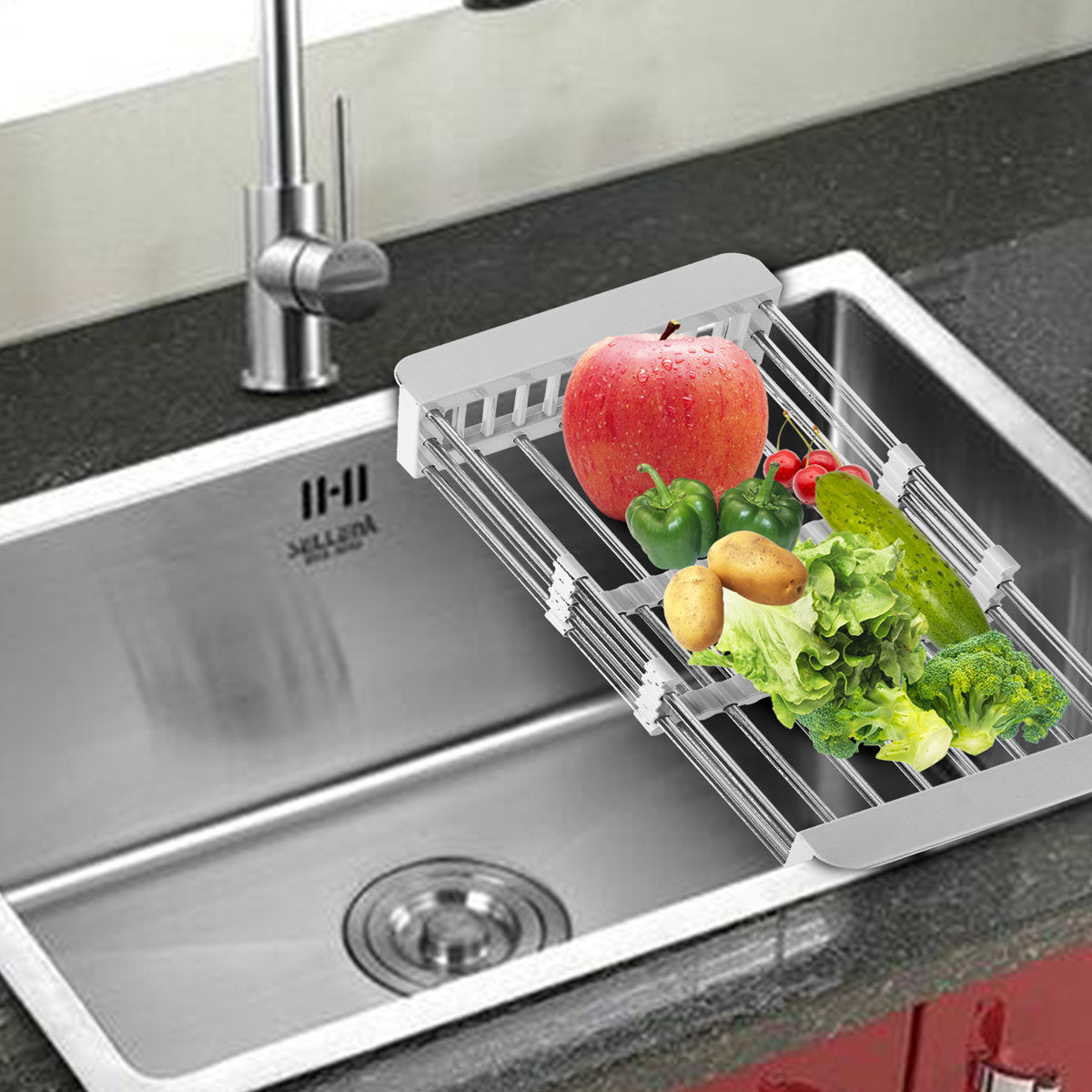 Stainless Steel Retractable Over-the-Sink Dish Drying Rack with Adjustable Armrest & Drain Basket