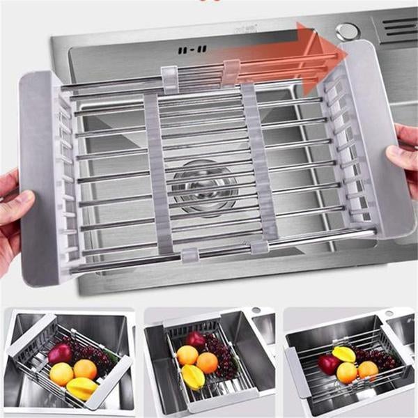 Stainless Steel Retractable Over-the-Sink Dish Drying Rack with Adjustable Armrest & Drain Basket