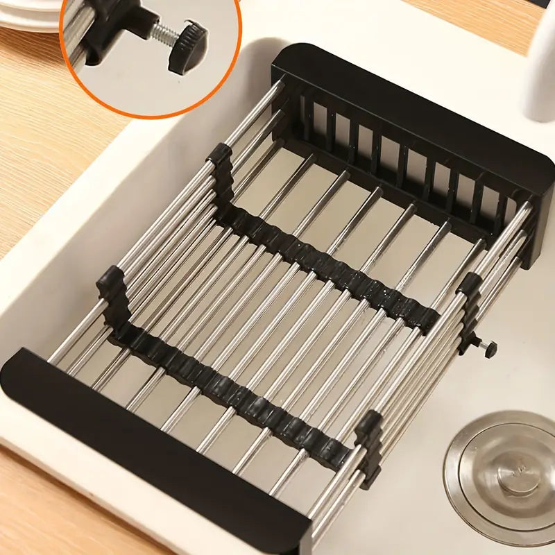 Stainless Steel Retractable Over-the-Sink Dish Drying Rack with Adjustable Armrest & Drain Basket