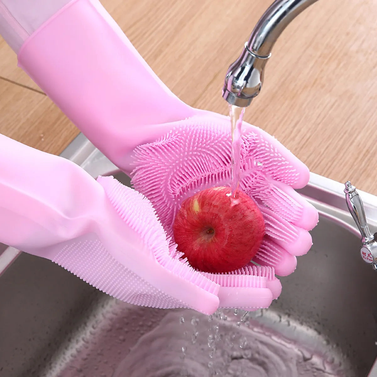 Reusable Magic Silicone Dishwashing Gloves with Built-In Scrubbers