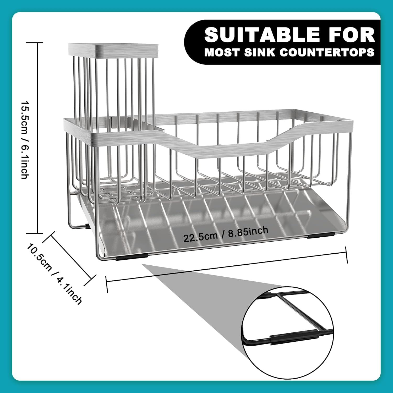 Sponge Holder for Kitchen Sink with Auto Draining Tray,Kitchen Sink Caddy Organizer with Rag Holder, Rustproof 304 Stainless Steel Kitchen Organizers