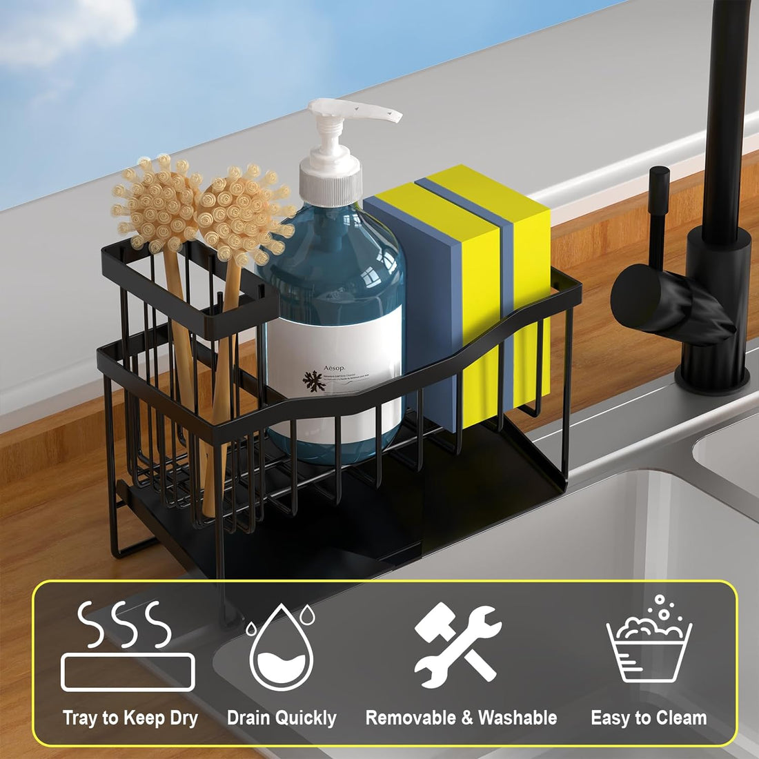 Sponge Holder for Kitchen Sink with Auto Draining Tray,Kitchen Sink Caddy Organizer with Rag Holder, Rustproof 304 Stainless Steel Kitchen Organizers