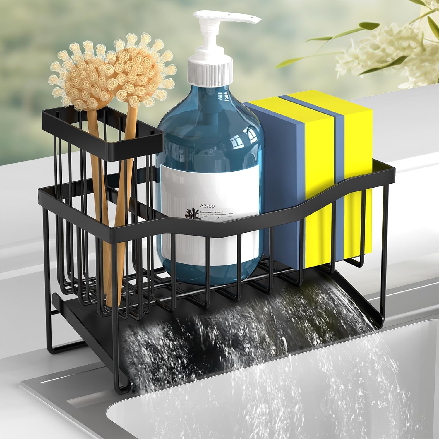 Sponge Holder for Kitchen Sink with Auto Draining Tray,Kitchen Sink Caddy Organizer with Rag Holder, Rustproof 304 Stainless Steel Kitchen Organizers