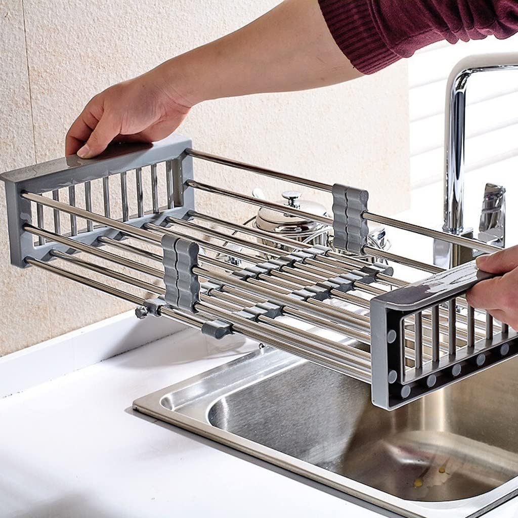 Stainless Steel Retractable Over-the-Sink Dish Drying Rack with Adjustable Armrest & Drain Basket