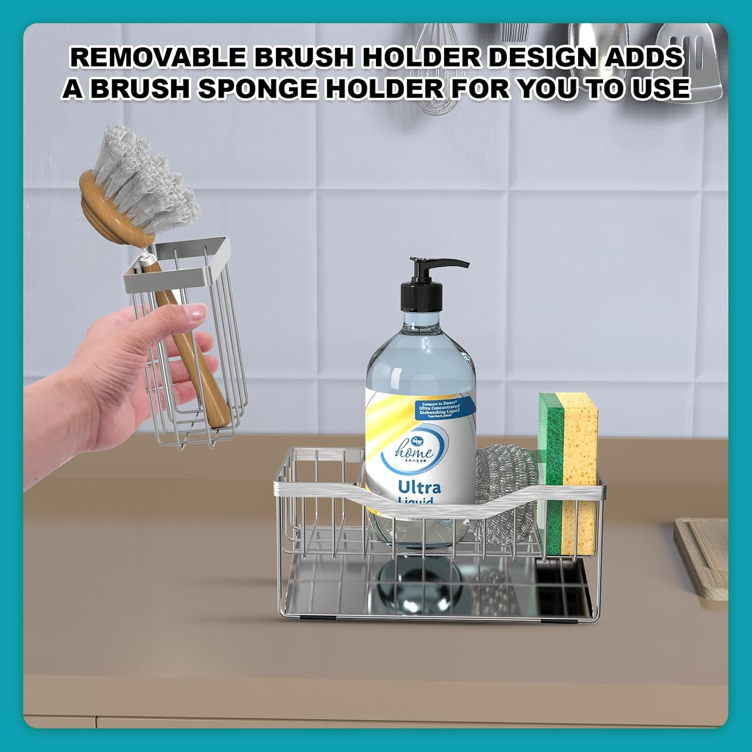 Sponge Holder for Kitchen Sink with Auto Draining Tray,Kitchen Sink Caddy Organizer with Rag Holder, Rustproof 304 Stainless Steel Kitchen Organizers