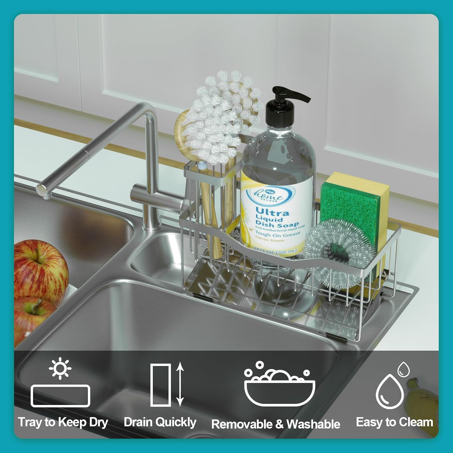 Sponge Holder for Kitchen Sink with Auto Draining Tray,Kitchen Sink Caddy Organizer with Rag Holder, Rustproof 304 Stainless Steel Kitchen Organizers