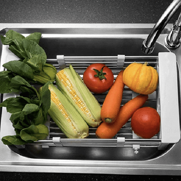 Stainless Steel Retractable Over-the-Sink Dish Drying Rack with Adjustable Armrest & Drain Basket