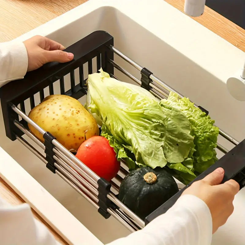 Stainless Steel Retractable Over-the-Sink Dish Drying Rack with Adjustable Armrest & Drain Basket