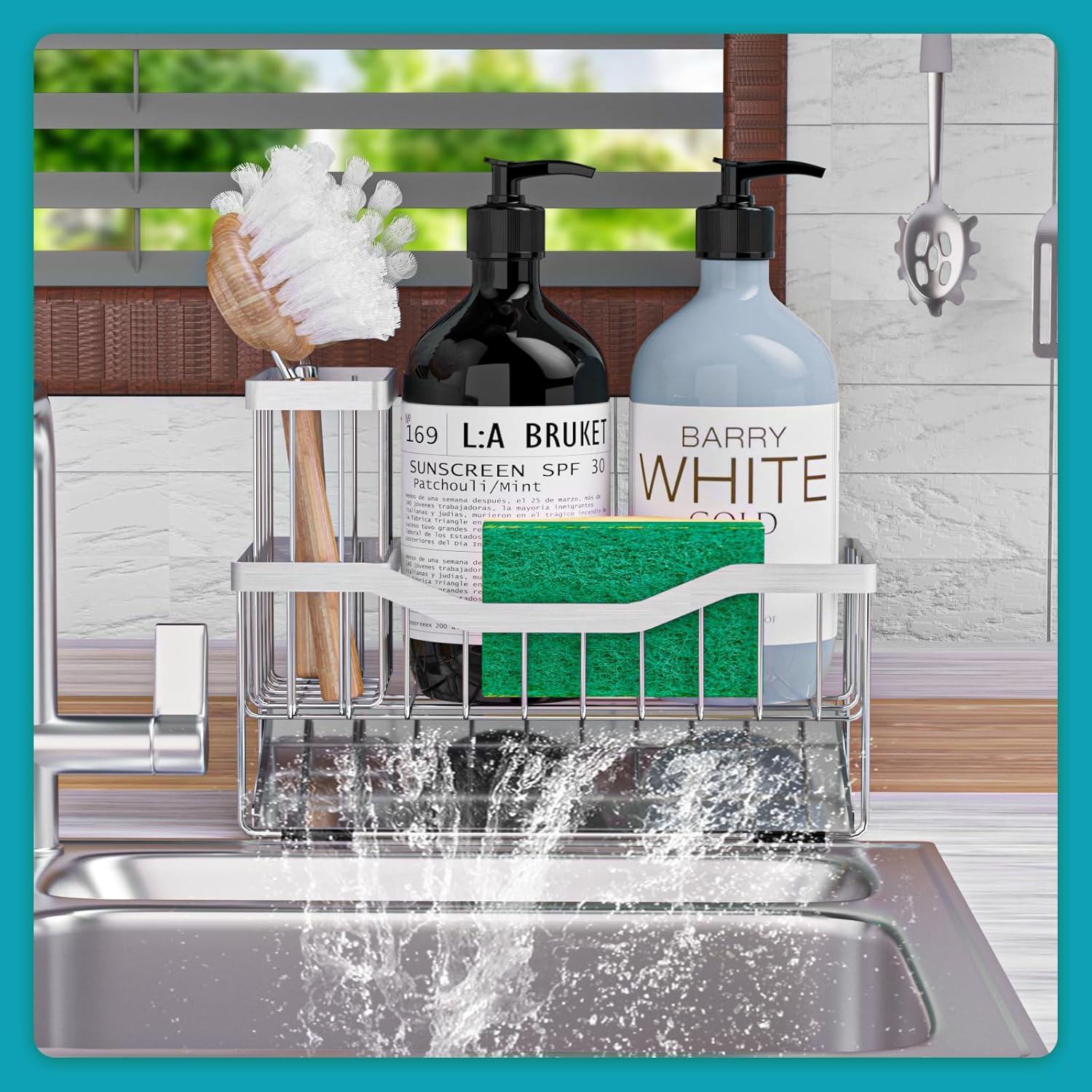 Sponge Holder for Kitchen Sink with Auto Draining Tray,Kitchen Sink Caddy Organizer with Rag Holder, Rustproof 304 Stainless Steel Kitchen Organizers
