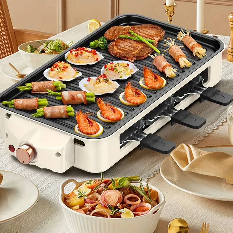 Smokeless Indoor Electric Grill & Griddle – 1500W 2-in-1 Portable Grill with Non-Stick Removable Plates, Adjustable Temperature Control & Raclette Cheese Pans