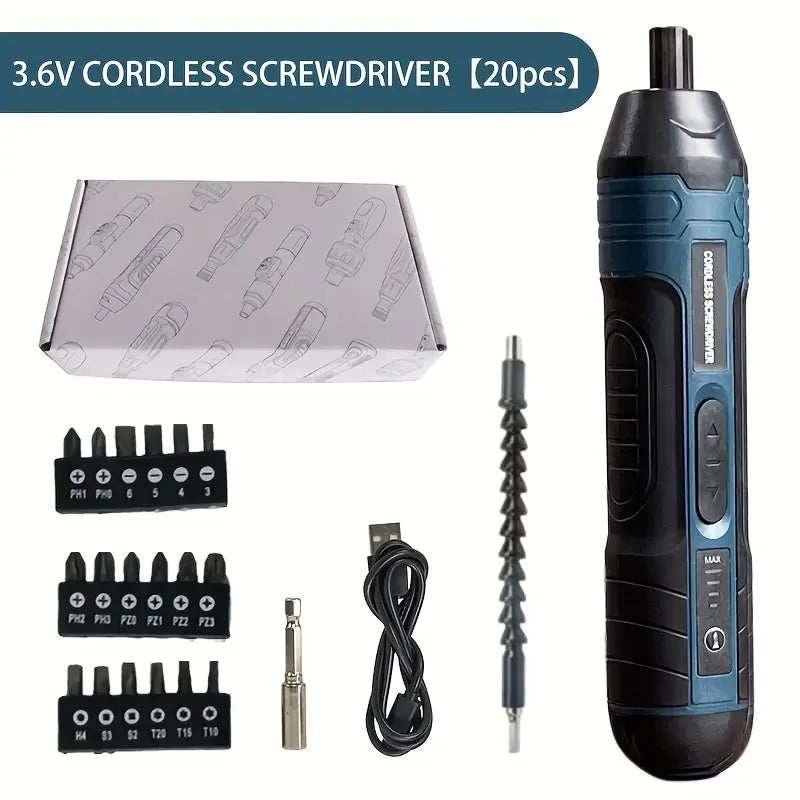 20-in-1 Cordless Screwdriver Kit – USB Rechargeable, LED Work Light, 4-Speed Torque (Max 5 Nm)