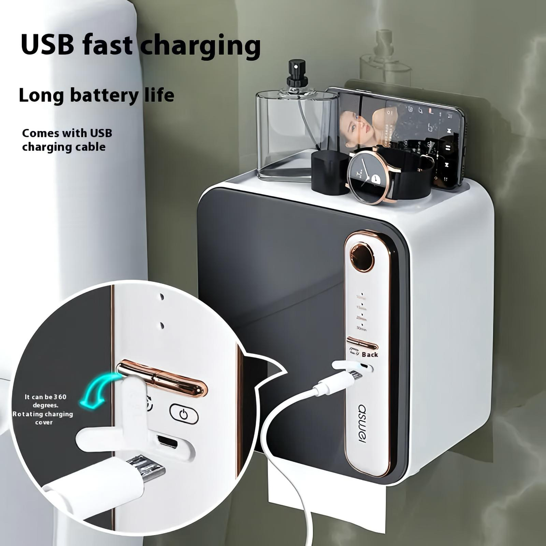 Smart Wall-Mounted Black Tissue Holder with Aromatherapy