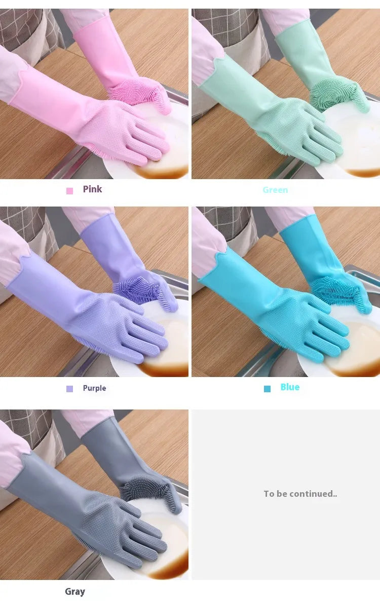 Reusable Magic Silicone Dishwashing Gloves with Built-In Scrubbers