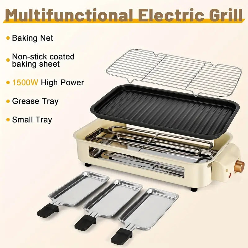 Smokeless Indoor Electric Grill & Griddle – 1500W 2-in-1 Portable Grill with Non-Stick Removable Plates, Adjustable Temperature Control & Raclette Cheese Pans