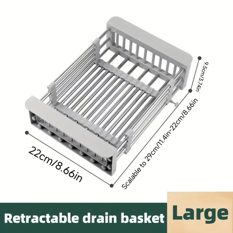 Stainless Steel Retractable Over-the-Sink Dish Drying Rack with Adjustable Armrest & Drain Basket