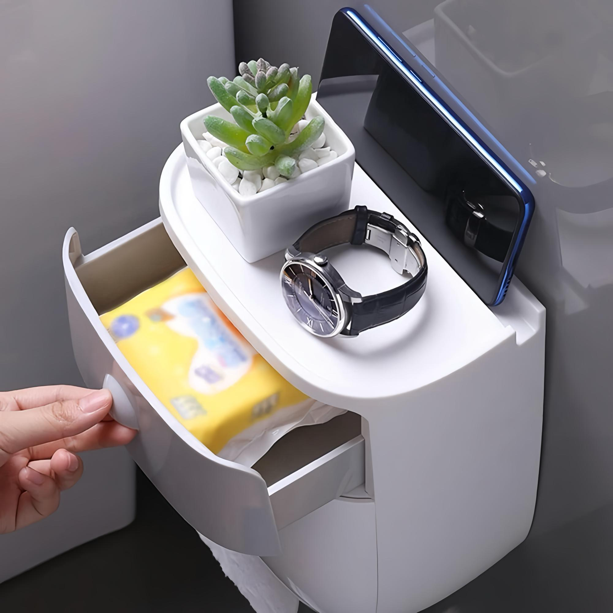 Multi-Function Toilet Paper Dispenser with Storage Shelf & No-Drill Mount