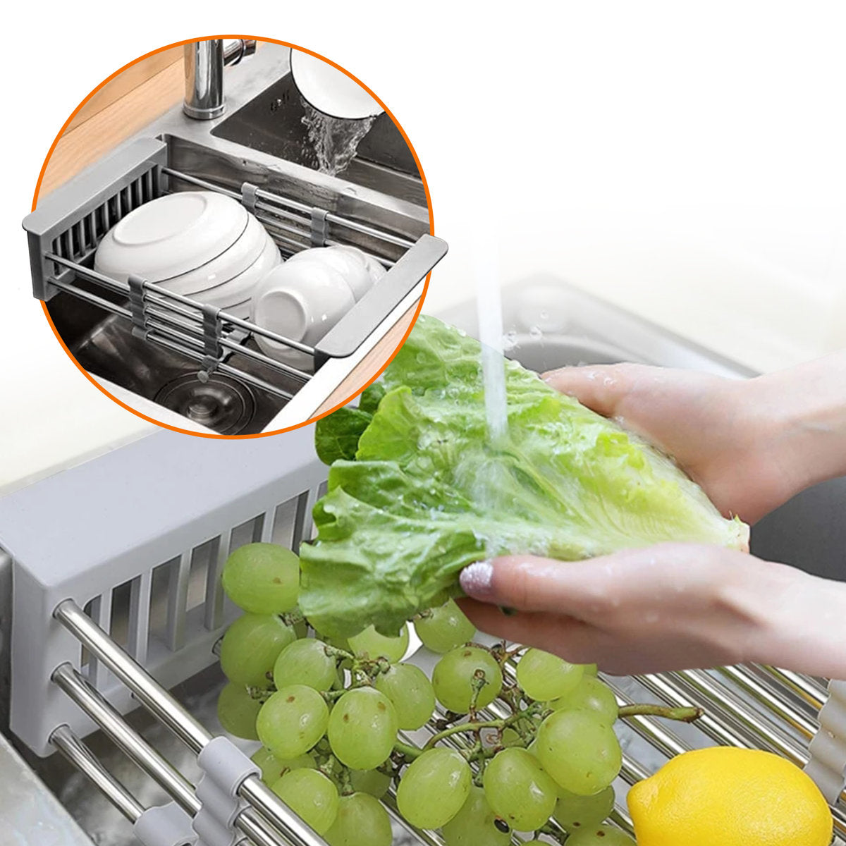 Stainless Steel Retractable Over-the-Sink Dish Drying Rack with Adjustable Armrest & Drain Basket