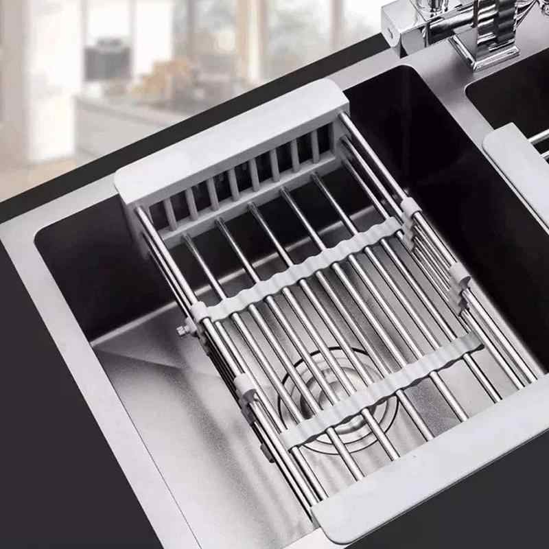 Stainless Steel Retractable Over-the-Sink Dish Drying Rack with Adjustable Armrest & Drain Basket