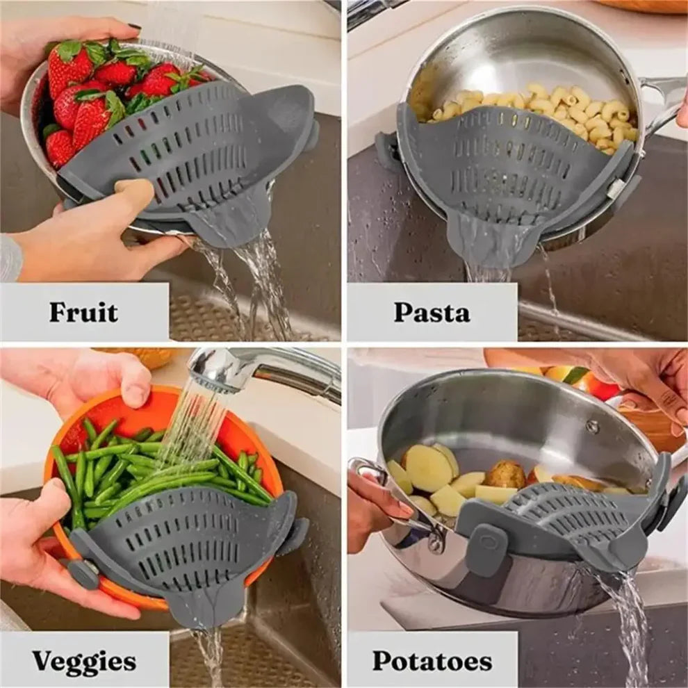Universal Adjustable Silicone Clip-On Strainer for Pots, Pans, and Bowls