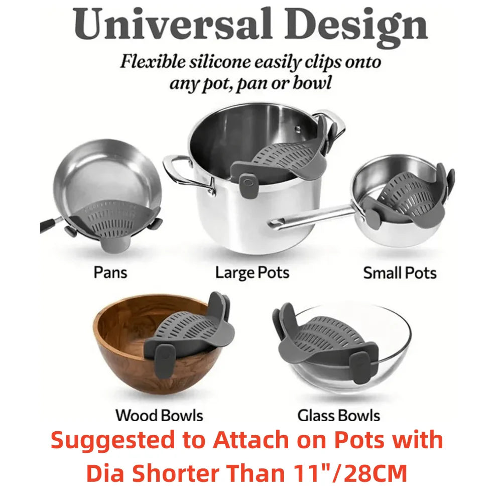 Universal Adjustable Silicone Clip-On Strainer for Pots, Pans, and Bowls