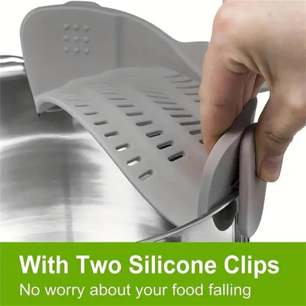 Universal Adjustable Silicone Clip-On Strainer for Pots, Pans, and Bowls