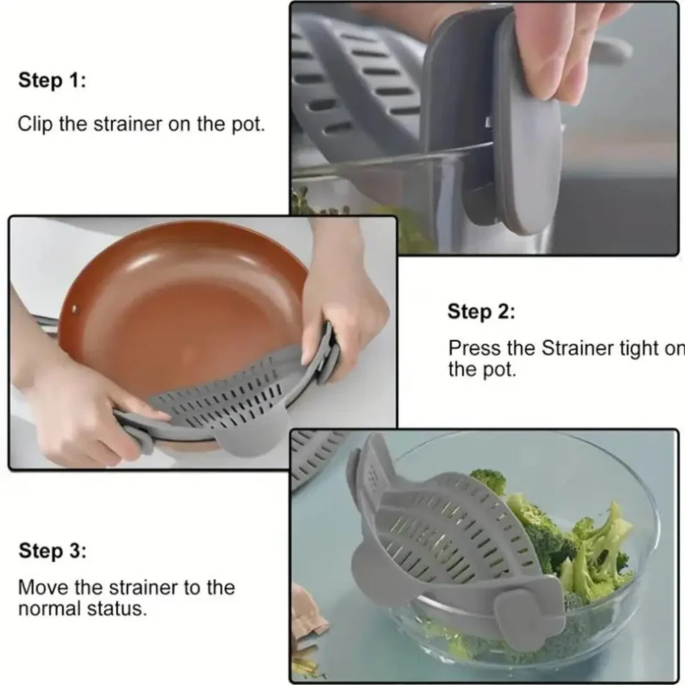 Universal Adjustable Silicone Clip-On Strainer for Pots, Pans, and Bowls
