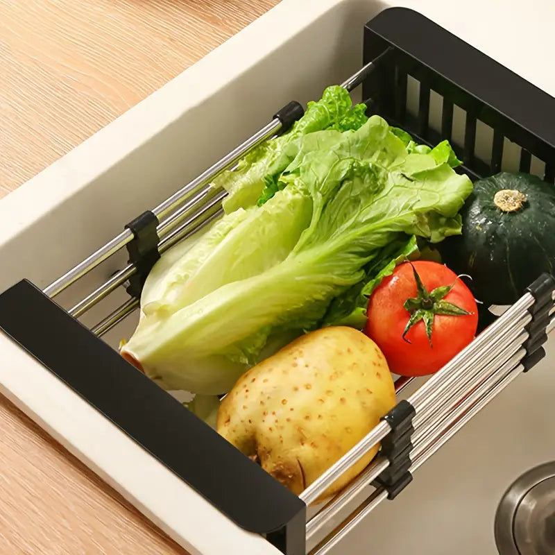 Stainless Steel Retractable Over-the-Sink Dish Drying Rack with Adjustable Armrest & Drain Basket