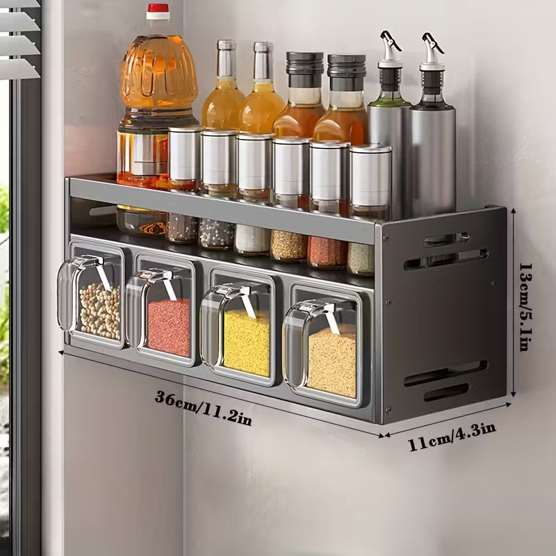 Kitchen Spice Rack Wall Mount Hanging Seasoning Box Over Stove Hanging Shelf Seasoning Jar Organizer For Sugar Salt Pepper