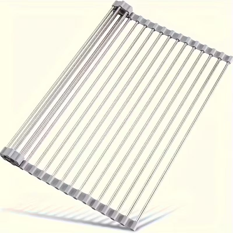 Stainless Steel Retractable Over-the-Sink Dish Drying Rack with Adjustable Armrest & Drain Basket