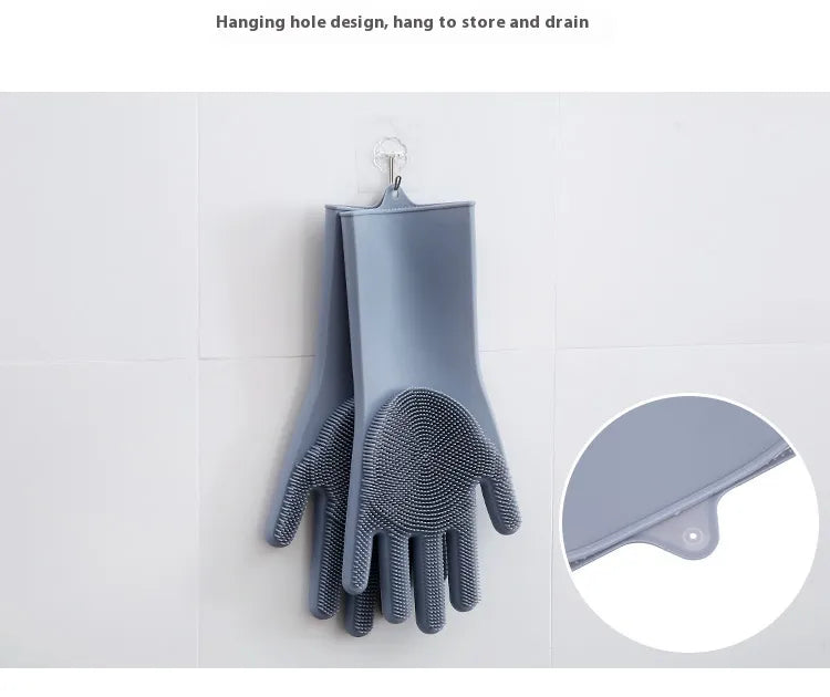 Reusable Magic Silicone Dishwashing Gloves with Built-In Scrubbers
