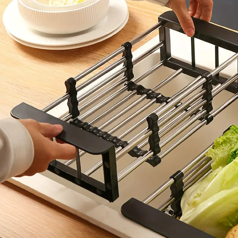 Stainless Steel Retractable Over-the-Sink Dish Drying Rack with Adjustable Armrest & Drain Basket