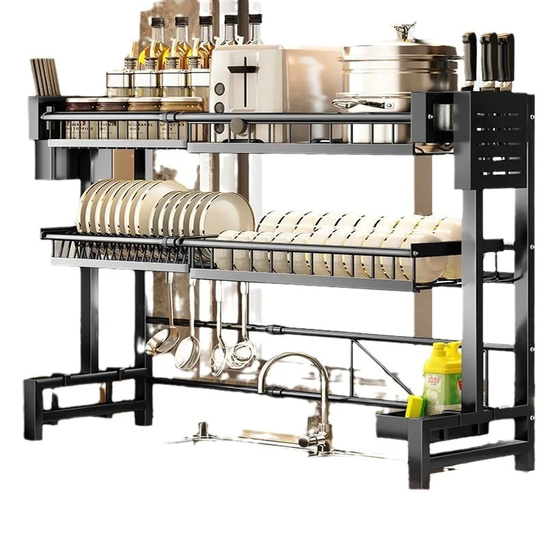 Over-the-Sink Dish Drying Rack with Storage Cabinet & Hooks – Heavy-Duty Stainless Steel Organizer