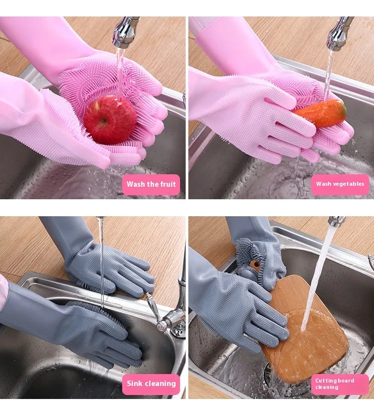 Reusable Magic Silicone Dishwashing Gloves with Built-In Scrubbers