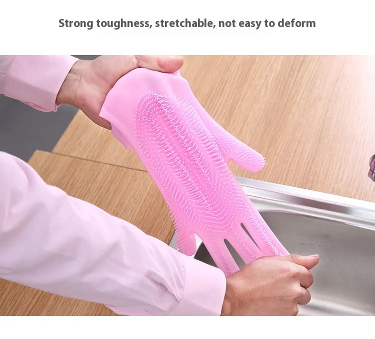 Reusable Magic Silicone Dishwashing Gloves with Built-In Scrubbers