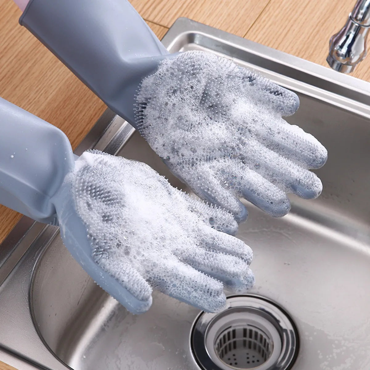 Reusable Magic Silicone Dishwashing Gloves with Built-In Scrubbers