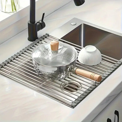 Stainless Steel Retractable Over-the-Sink Dish Drying Rack with Adjustable Armrest &amp; Drain Basket