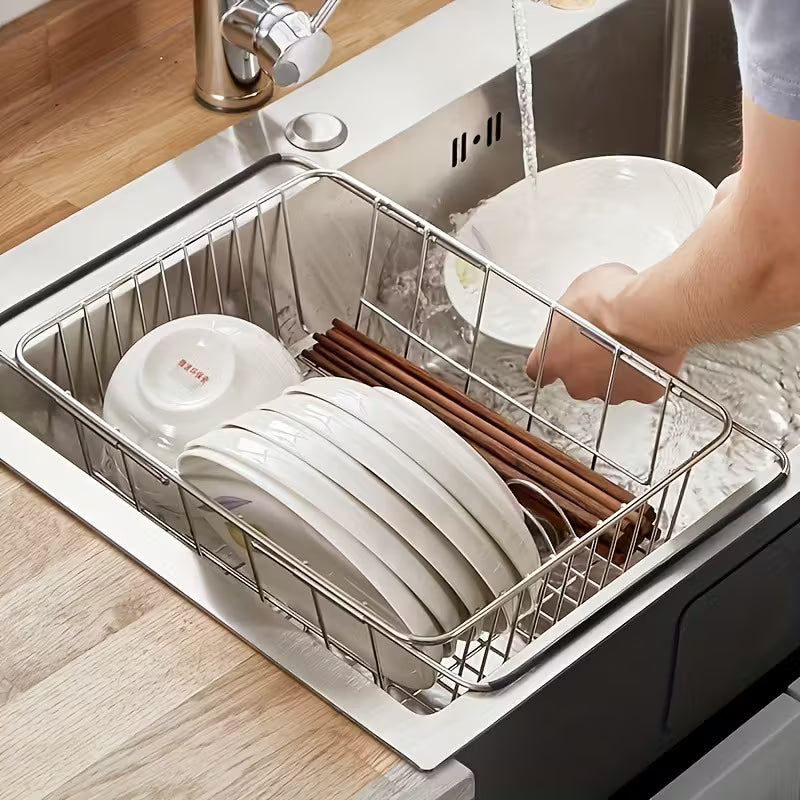 Telescopic Stainless Steel Over-the-Sink Dish Drying Rack – Expandable In-Sink Dish Drainer | Rustproof, Space-Saving &amp; Multi-Purpose