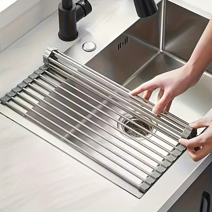 Stainless Steel Retractable Over-the-Sink Dish Drying Rack with Adjustable Armrest &amp; Drain Basket