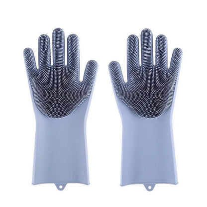 Reusable Magic Silicone Dishwashing Gloves with Built-In Scrubbers