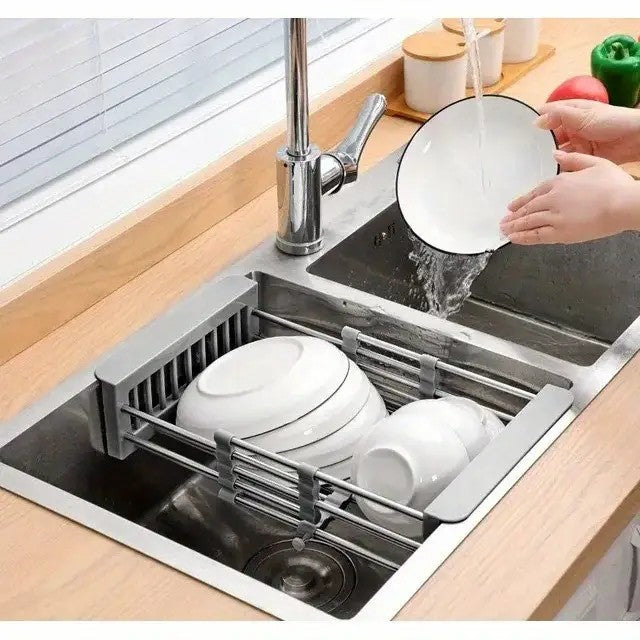 Stainless Steel Retractable Over-the-Sink Dish Drying Rack with Adjustable Armrest &amp; Drain Basket