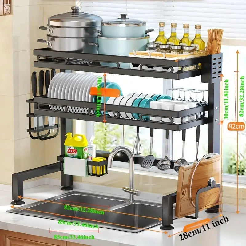 Over-the-Sink Dish Drying Rack with Storage Cabinet &amp; Hooks – Heavy-Duty Stainless Steel Organizer